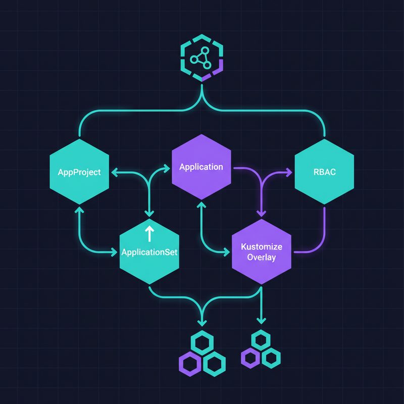 ArgoCD 멀티 클러스터 GitOps 전략 핵심 구성요소 요약 인포그래픽 - AppProject, ApplicationSet, Kustomize, RBAC 관계도