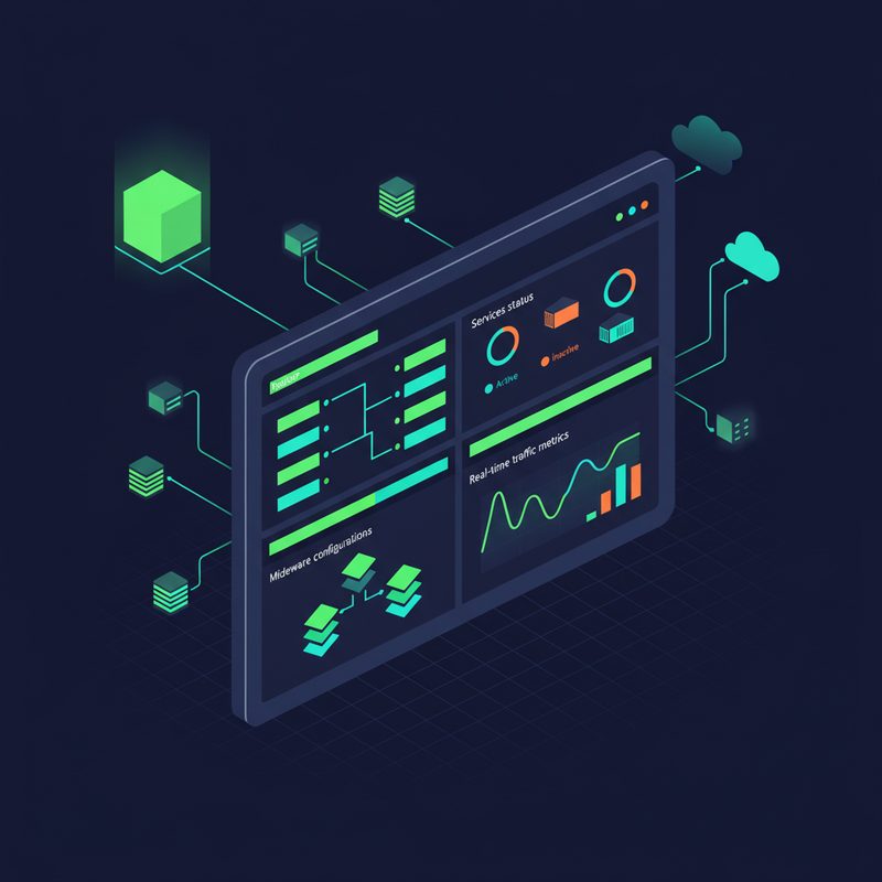 Traefik 내장 대시보드 화면 — 라우터, 서비스, 미들웨어 현황을 한눈에 확인하는 모니터링 인터페이스