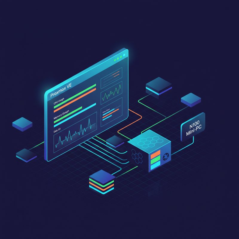 Proxmox VE 웹 대시보드와 N100 미니PC 자원 사용률 화면