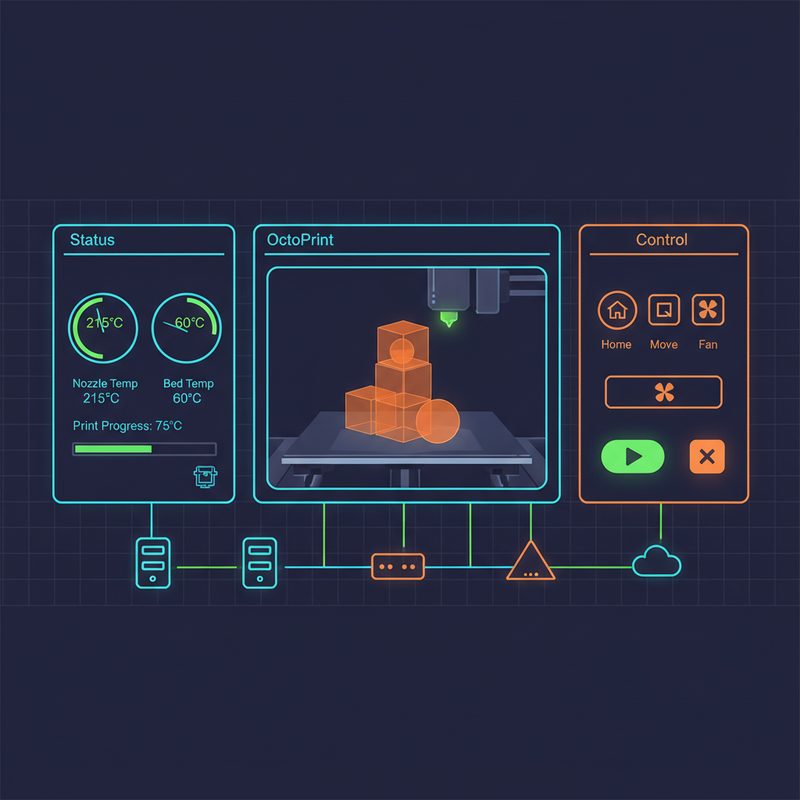 OctoPrint 웹 인터페이스의 대시보드 화면, 3D 프린터 원격 제어 및 모니터링
