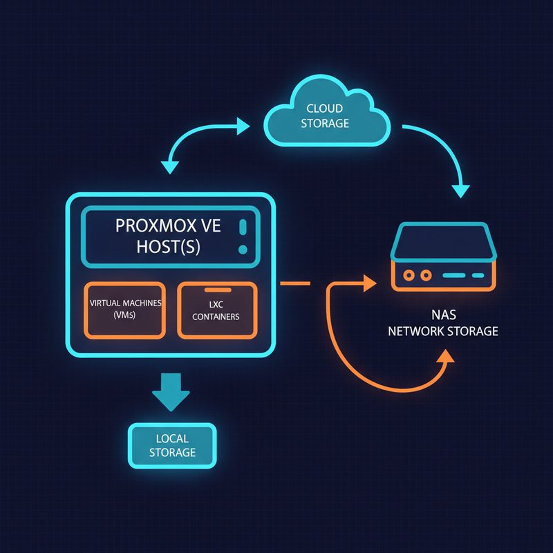 Proxmox VE 백업 전략 전체 아키텍처 구성도 — VM, 로컬 스토리지, NAS, 클라우드 백업 흐름