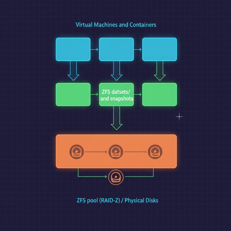 Proxmox VE ZFS 스토리지 아키텍처 전체 계층 구조 다이어그램