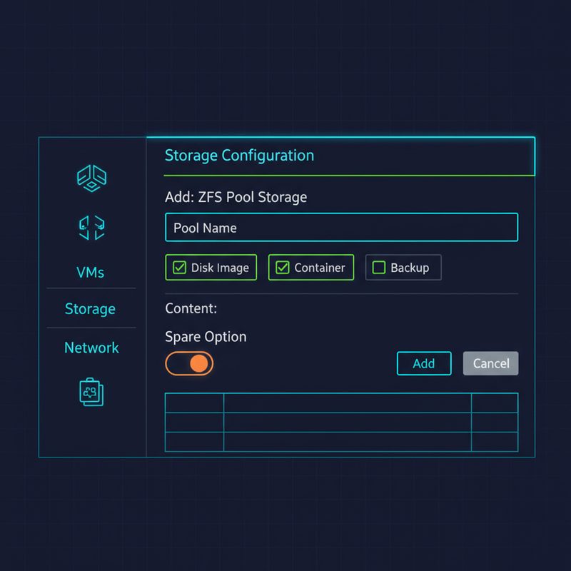 Proxmox VE 웹 GUI ZFS 스토리지 추가 설정 화면