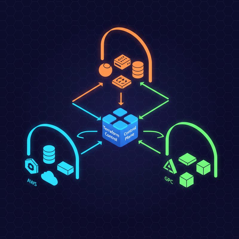 Terraform multi-cloud architecture diagram showing AWS, GCP, and Azure connected through a central Terraform control plane with arrows indicating resource provisioning flow
