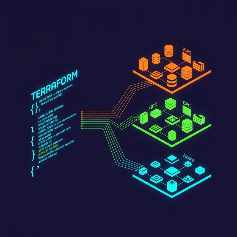 Split-screen diagram showing Terraform code on the left and resulting cloud resources on AWS, GCP, and Azure on the right, with color-coded resource blocks