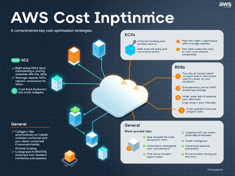 EC2, S3, RDS 등 AWS 서비스별 주요 비용 최적화 전략을 요약한 인포그래픽