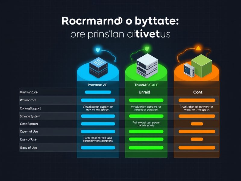 Proxmox VE, TrueNAS SCALE, Unraid, OMV 4가지 홈서버 OS 주요 특징 비교 인포그래픽