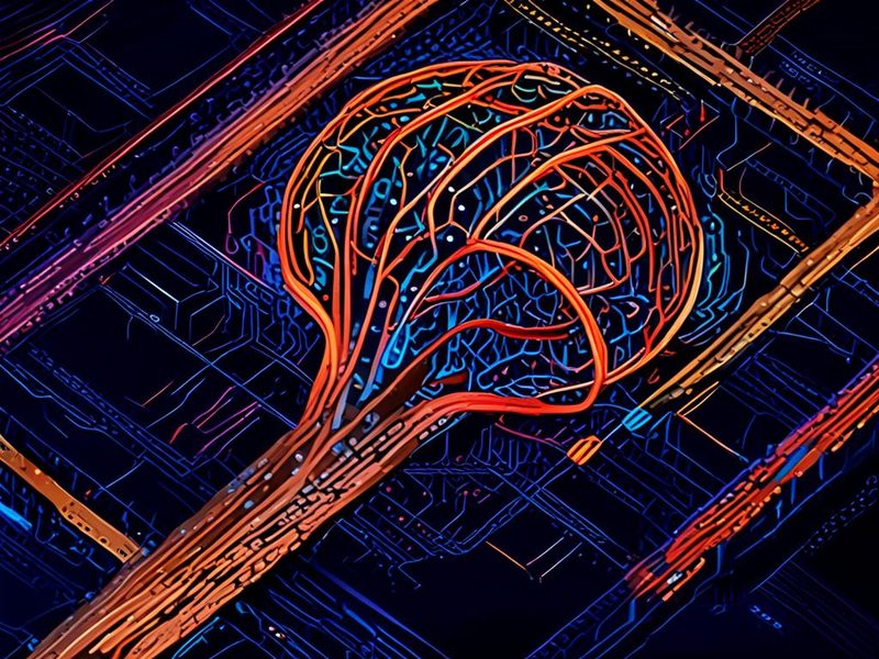 A dark, atmospheric illustration showing a brain-shaped neural network with hidden binary code streams flowing beneath the surface, symbolizing steganography in AI systems, cyberpunk style, no text